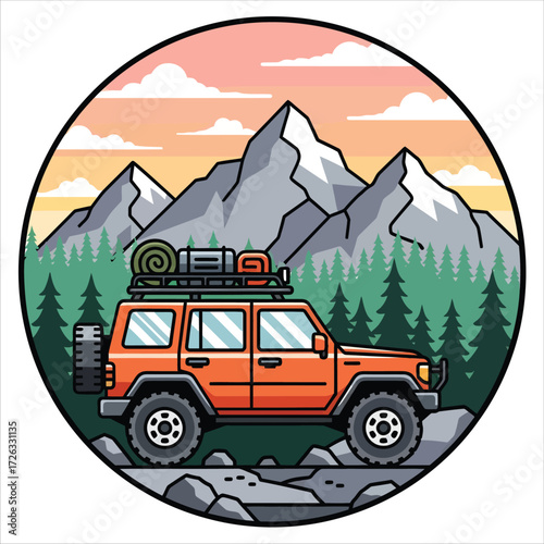 Dawn overland jeep in pine forest