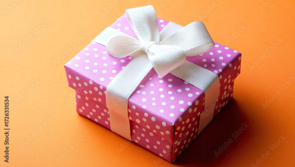 Obraz premium Pink gift box with white polka dots and ribbon