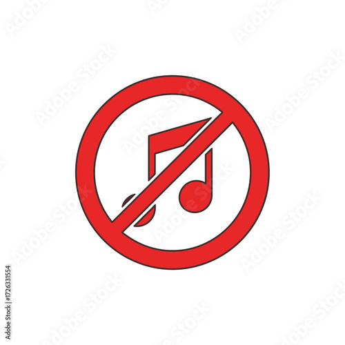 Red no music sign, a prohibition symbol indicating music is not allowed, designed as a clear warning against playing music