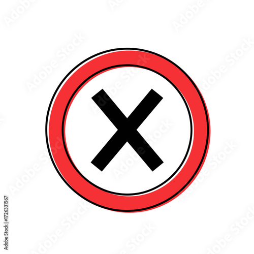 Red circle with a black X in the center indicating rejection, denial, or a negative response in a vector illustration