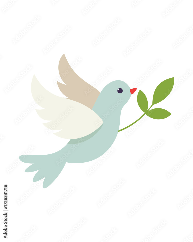 Fototapeta premium A light blue dove with white and beige wings flies with a green leaf branch in its beak