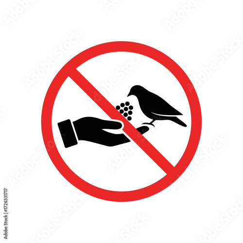 Prohibition sign indicating no feeding of birds with hand offering berries, a clear warning against disturbing wildlife