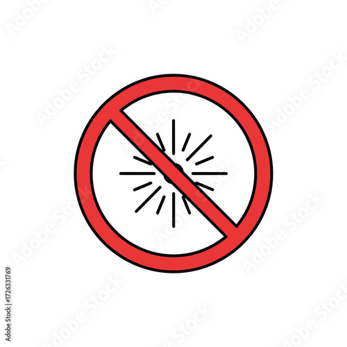 No laser beam allowed sign, depicting a red circle with a diagonal line through a radiation symbol, cautioning against its use