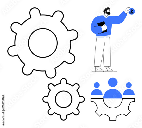Large gears, smaller gears, abstract teamwork visuals, and a professional holding a currency sign. Ideal for business, system optimization, teamwork, leadership, management finance simple flat