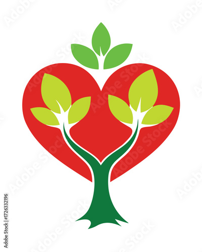 Heart shaped tree with family silhouette and green leaves