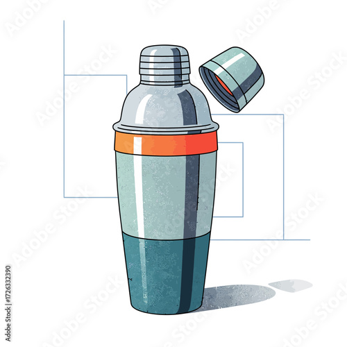 Illustration of a cocktail shaker with a separate top, set against a simple geometric background design