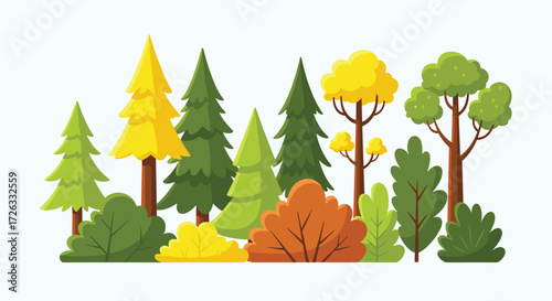 A vibrant collection of coniferous and deciduous trees with colorful foliage in a natural outdoor setting.