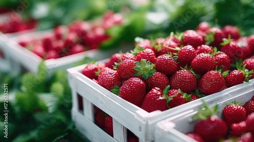 Abundant Ripe Red Strawberries in White Wooden Baskets on Green Foliage Background Close Up