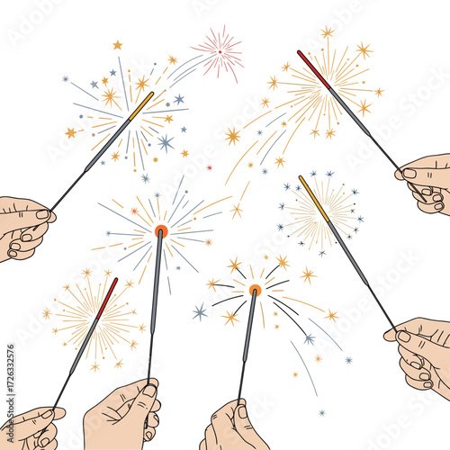 Festive celebration with sparklers held in hands joyfully spreading light and cheer on a white background