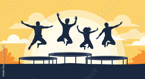 Silhouette of a group of people jumping on trampolines during sunset.