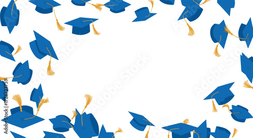 Celebratory graduation caps flying in the air during commencement.