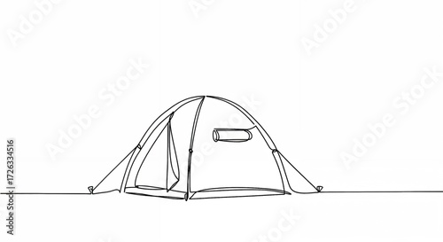 Tent illustration in minimalistic line art style on white background with copy space