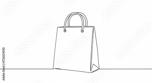Shopping bag illustration in minimalistic line art style on white background with copy space 