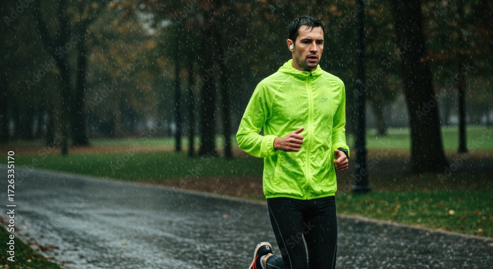 Obraz premium Running in the rain man in neon jacket urban park sports wet environment dynamic viewpoint