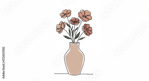 Flower vase illustration with floral arrangement in soft colors and minimalistic style with copy space