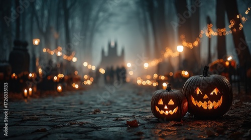 Halloween pumpkins with carved faces in front of illuminated forest at night, warm light from candles and street lamps, blurred background with copy space