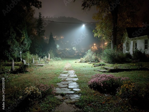 Nighttime photograph of old cemetery with one grave illuminated by flashlights, low camera angle in grassy area