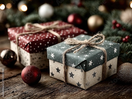 Two Christmas gifts wrapped in red and white paper with silver stars on wooden table surrounded by green branches and colorful glass balls, low-angle shot from above with dark background