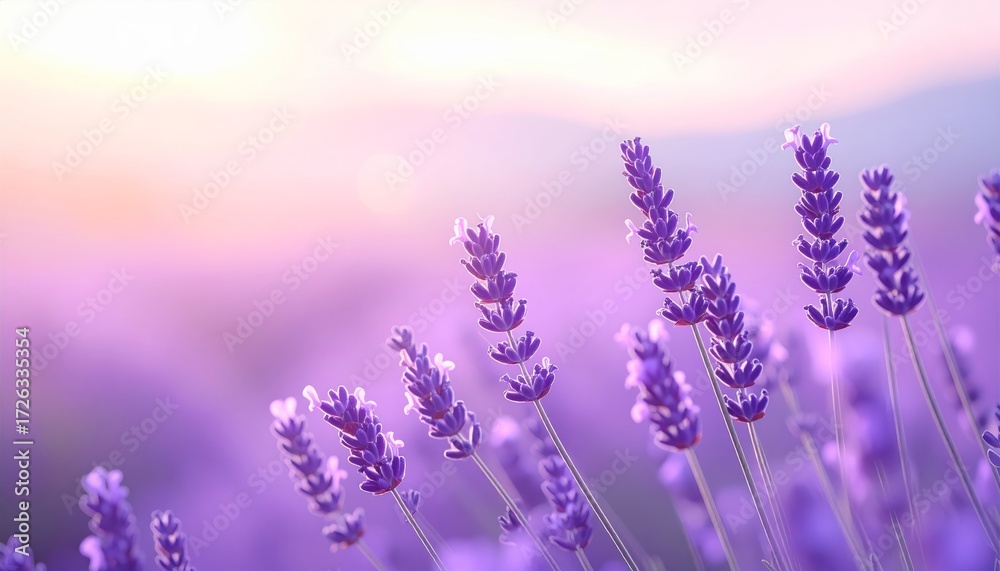Naklejka premium Golden light bathes the purple lavender field at sunset, highlighting the delicate flowers in full summer bloom