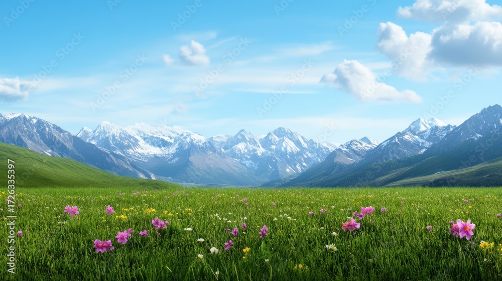 Fototapeta premium Pastel blossoms in green meadow with distant snowcapped mountains, early summer vibe