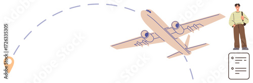 Airplane flying in trajectory toward destination marker, solo traveler with travel checklist. Ideal for travel, vacation, planning, tourism, exploration, adventure, simplified journey visualization