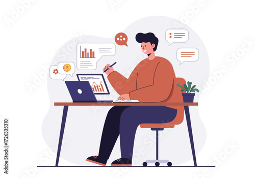 Productive individual at work analyzing charts on a laptop from a desk. Ideal for business, finance, strategy, analysis concepts.