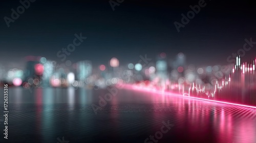 Vibrant Financial Chart Against a Blurred Skyline with a Red Pulse Line and Ripple Effect in Deep Blue Hue