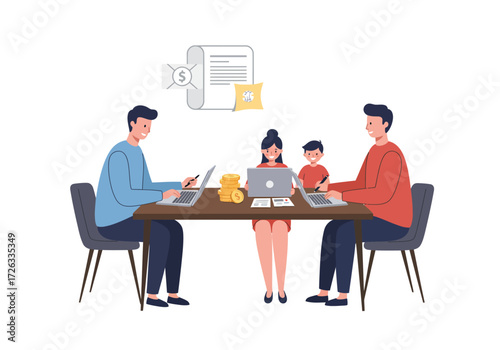 People at a table work on laptops managing finances. Suitable for financial and teamwork concepts in design projects and articles.