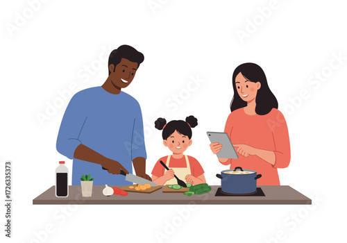 Happy family cooking together in kitchen, smiling and bonding. Suitable for family and cookingrelated content, promotions, and advertisements.