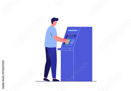 Man using atm, withdrawing cash. Suitable for finance blogs, banking websites, or illustrations on personal finance and technology.