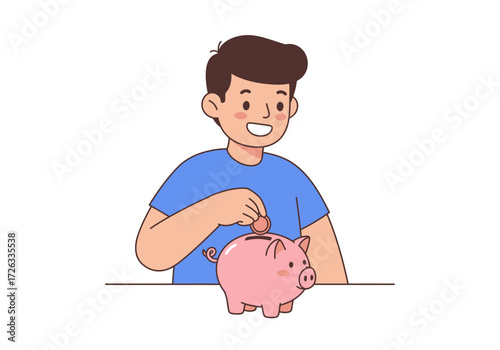 Smiling boy putting a coin into a pink piggy bank, savings concept. Suitable for finance, children, education, and bankingthemed projects.