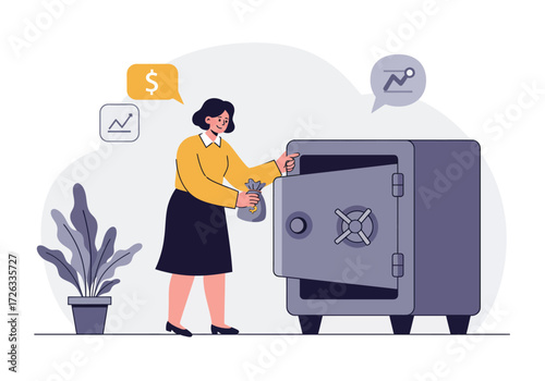 Woman putting a bag of money in a safe. Finance, security, savings, banking concepts illustration. Business presentations, finance articles.