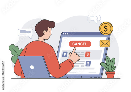 Man cancels a service on laptop with virtual plants, suitable for customer service, online cancellation, technology, and digital workspace concepts.