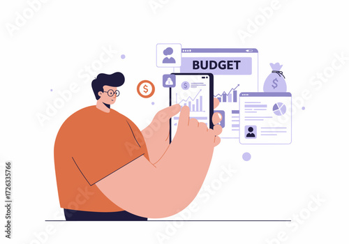 Person using smartphone for financial planning, viewing charts and graphs, budget management, personal finance blog, mobile app design, money management.
