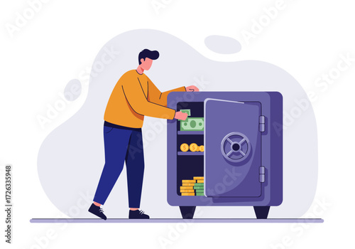 Man opens safe revealing money and gold. Suitable for finance, security, wealth management, and business concepts in marketing materials.