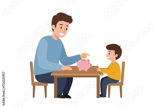 Father and son saving money in a piggy bank. Suitable for financial literacy concepts or family savings illustrations.