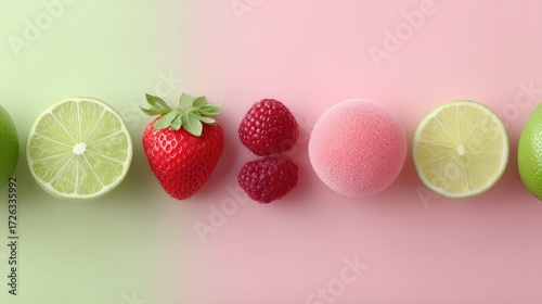 Vibrant Flatlay of Fresh Fruits Strawberry Lime and Raspberry on Pastel Green and Pink Background Refreshing High Angle Arrangement