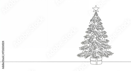 Simple line drawing of a Christmas tree in a pot on a plain background for copy space