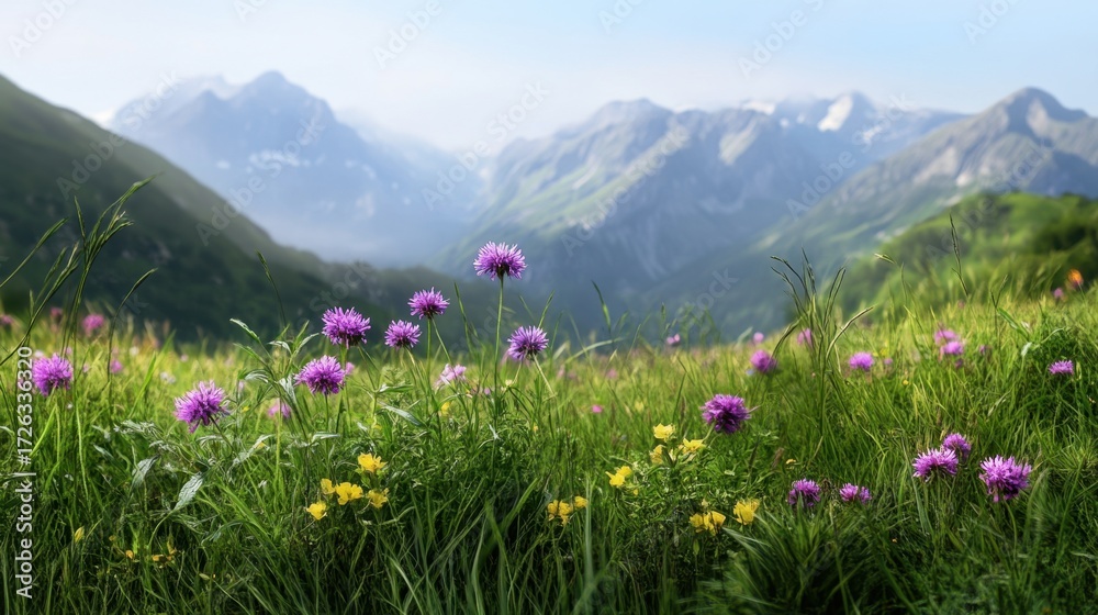 Fototapeta premium Pastel-colored wildflowers blooming in a serene mountain meadow, soft light and misty peaks