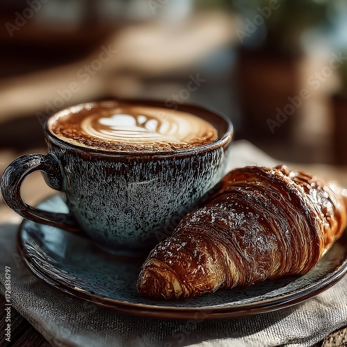 Delicious coffee and croissant breakfast food photography morning cafe aesthetic still life art 100 character