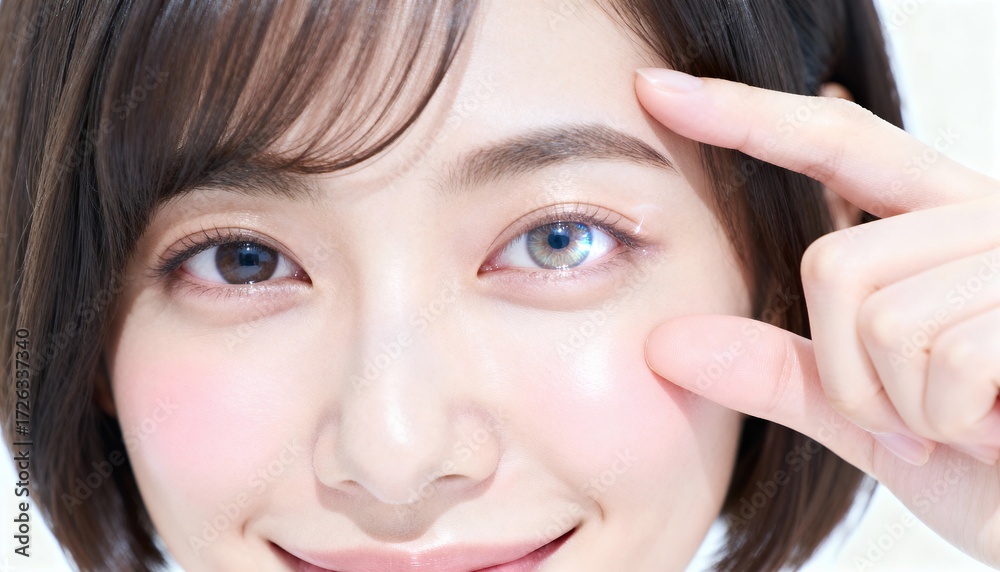 Fototapeta premium 笑顔でコンタクトレンズを見せる女性