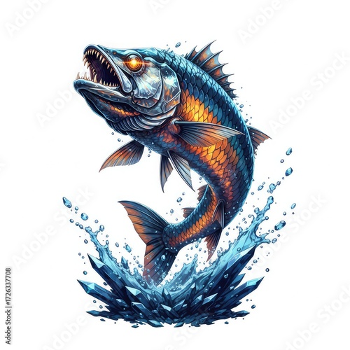 sea bass fish artwork in the style of 3d futuristic digital illustration, with crystal and splashed water isolated on white