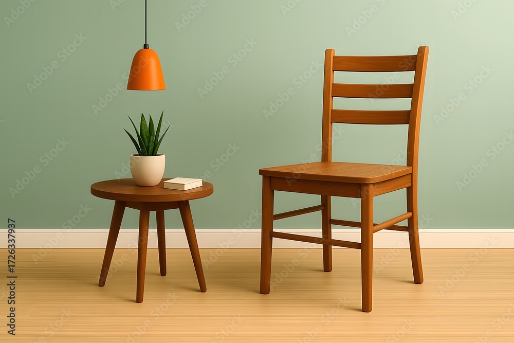 Fototapeta premium Wooden ladder-back chair beside round table with potted plant and book in cozy minimalist living room interior – Scandinavian modern furniture, calm green wall, stylish home decor
