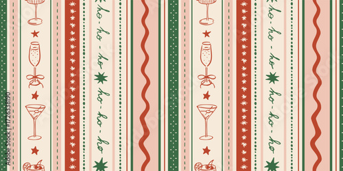 Seamless holiday pattern with various drinks in vertical stripes. Hand drawn ink new year vector illustration. Background for social media, banners, invitation. Trendy Christmas party template. 