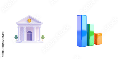 3D bank building icon and 3D bar chart icon, isolated on white background, finance and business concept, 3D vector-style illustration