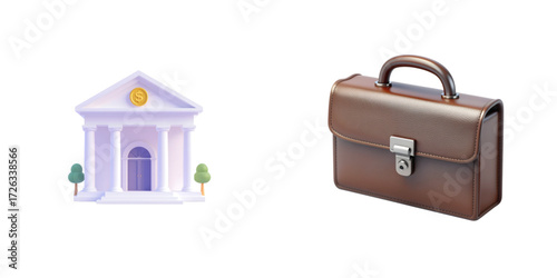 3D bank building icon and 3D briefcase icon, isolated on white background, business and finance concept, vector-style 3D illustration.