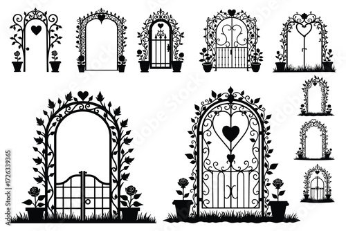 Black silhouette garden gates with roses and hearts