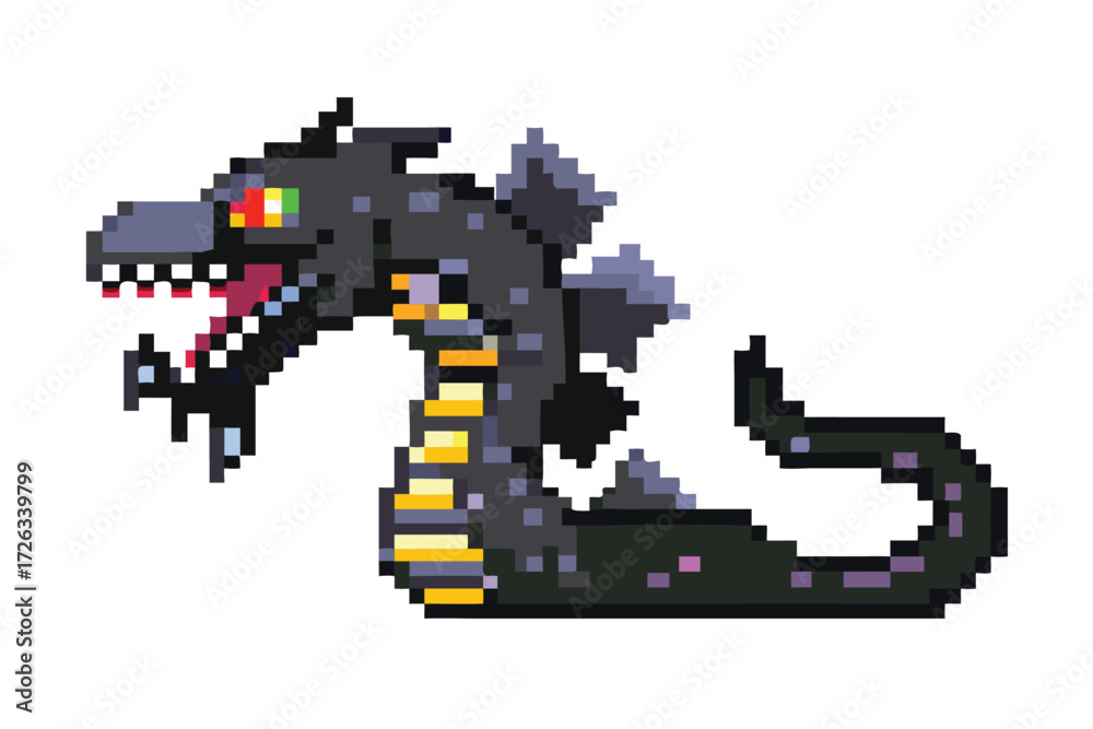 Obraz premium Wyrm Dragon Pixel Art Boss Sprite. Subterranean Serpent for Dungeon RPGs