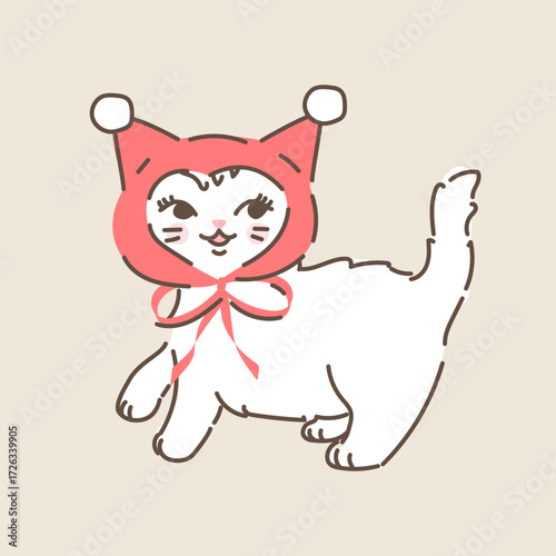 Cute Christmas white fluffy cat in red bonnet hat. Hand drawn vector illustration in vintage style. Funny retro pet character card template. Holiday winter kitty isolated.