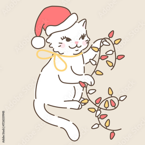 Cute white fluffy cat in Christmas hat with string lights. Hand drawn vector illustration in vintage style. Funny retro pet character card template. Holiday winter kitty isolated.